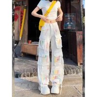Spring and Summer Spray Paint Pants White Rainbow Leg Design Straight Jeans Niche Tooling Women's High Waist Wide Multi-Pocket HWON