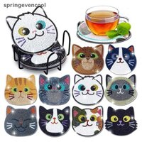 Springevencool 8 Cái / bộ DIY Mèo Tranh Gắn Đá Đế Lót Ly Cho Đồ Uống Chống Trượt Đế Lót Ly Có Giá Đỡ Tranh Gắn Đá Coaster Springevencool