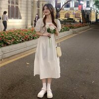 Square Neck Dress Women's Puff Sleeve Plain Dress Korean Style Short Sleeve Skirt