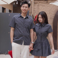 (Sss - 23) Set đồ đôi nam nữ couple váy cổ đức xoè bồng kèm cà vạt + áo sơmi nam chất chéo hàn  Kem Cotton  Polo Ghi