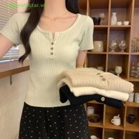 Sstar Hàn Quốc Màu Trơn Cổ Vuông Nút Ngắn Tay Dệt Kim Áo Thun Nữ SSTAR