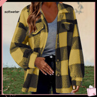 St Cashmere Blend Áo khoác nữ Áo khoác giữ nhiệt Áo len lông cừu in hình kẻ sọc sành điệu dành cho nữ Áo khoác cài nút ấm áp có túi ngực giả và cổ áo bẻ xuống để mặc