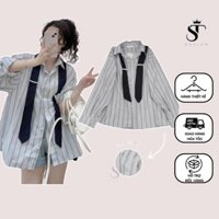 {ST Design} Áo sơ mi dài tay nữ kẻ sọc tặng kèm cà vạt - M01