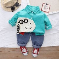 ST503 - Set Áo Sơ Mi Và Quần Jean Bé Trai Hoạ Tiết Cún - Màu Xanh Ngọc