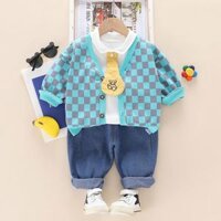 ST509 - Set Quần Jean, Áo Và Áo Khoác Caro Phong Cách Bé trai - Màu Xanh Ngọc