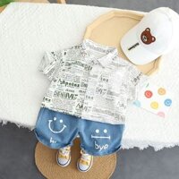 ST537 - Set Quần Jean Áo Sơ Mi Cho Bé Hoạ Tiết Cộc Tay - Màu xám