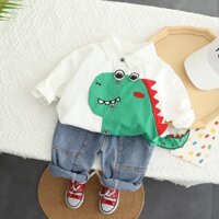 ST547 - Set Quần Jean, Áo Sơ Mi Dài Tay Khủng Long - Màu Trắng