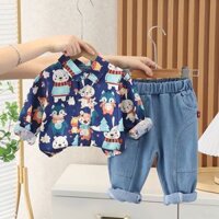 ST555 - Set Quần Jean, Áo Sơ Mi Họa Tiết Động Vật Ngộ Nghĩnh - Màu Xanh
