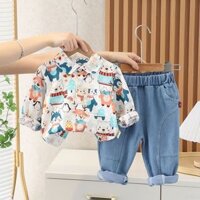ST556 - Set Quần Jean, Áo Sơ Mi Họa Tiết Động Vật Ngộ Nghĩnh - Màu Trắng