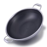 Stainless Steel Wok Pan, Double Ear Full Honeycomb Pan Uncoated Household Wok Pan for Gas Stove Induction (14 inch)