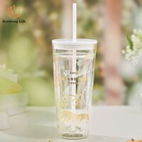 Starbucks Cốc Uống Nước Hai Lớp Bằng Thủy Tinh Dung Tích Lớn 591ml Có Ống Hút Hình Thung Lũng Độc Đáo