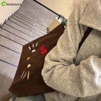Stationwa Túi Tote Kitty, Nơ Mềm Da Lộn KT Túi Đeo Vai, Túi Bảo Quản Phong Cách Nhật Bản Nút Dung Tích Lớn Hoạt Hình Túi Xách Mèo Hàng Ngày