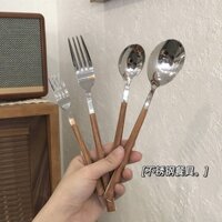 Steak Knife Fork Spoon Three-Piece Set Household Long Handle Western Dining Spoon ins High-Quality Stainless Steel Wood Grain Imitation Dessert Spoon AVXT