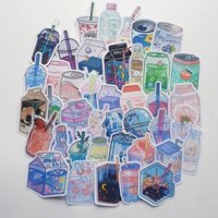 Sticker nhãn dán đồ uống cute  trang trí mũ bảo hiểm, đàn, guitar, ukulele, điện thoại laptop - Set 50 hình - Decal thường