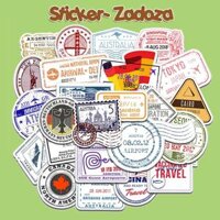 Sticker nhãn dán trang trí mũ bảo hiểm, đàn, guitar, ukulele, điện thoại laptop chủ đề retro visa stamp - set 10 chống nước