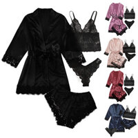 Stitchique _ 4 Cái / bộ Thắt Lưng Tay Dài Cổ Chữ V Ren Khâu Viền Bộ Đồ Ngủ Nữ Satin Gợi Cảm Quần Short Áo Ngực Quần Đùi Mặc Hàng Ngày