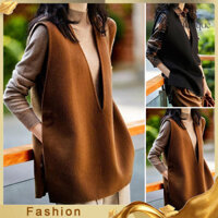 Stitchique _ Deep V Cổ Bên Chia Màu Trơn Áo Chui Đầu Vest Nữ Thu Đông Rời Giả Len Áo Khoác