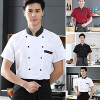 Stitchique _ Đứng Cổ Tay Ngắn Đôi Ngực Miếng Dán Túi Nối Màu Đầu Bếp Đồng Phục Nữ Nam Dịch Vụ Làm Bánh Thoáng Khí Đầu Bếp Áo Quần Áo Làm Việc