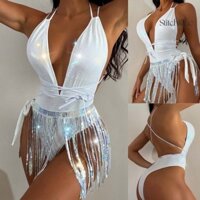Stitchique _ Summer Monokini Tua Dài Sáng Bóng Kim Sa Lấp Lánh Cắt Thấp Dây Đeo Cổ Chữ V Sâu Tắm Eo Cao Không Lưng Quần Áo Bơi Đi Biển Trong Nước Thể Thao