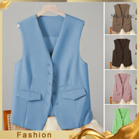 Stitchique _ Women Form Vest Cổ Chữ V Áo Cardigan không tay một ngực Màu trơn Rời OL Đi công sở Mặc áo ghi lê Áo khoác nữ