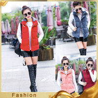 Stitchique _ Women Mùa Đông Ấm Áp Áo Vest Không Tay Chắp Vá Có Mũ Trùm Đầu Áo Khoác Ngoài