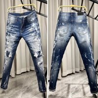 Street fashion retro men jeans blue slim patch design paint craftsmanship hip-hop men jeans