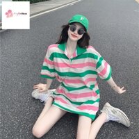 Striped polo short sleeve t loose large size printing