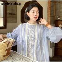 Stylehubto 30398 Còn hàng ~ Áo sơ mi sọc chắp vá ren cổ điển