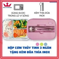 [Sử dụng được trong lò vi sóng] Hộp cơm thủy tinh 3 ngăn Tặng Kèm Đũa Thìa Inox Có Khay Để Điện Thoại SAKI STARHOME