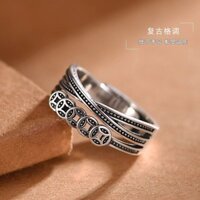 Sự giàu có liên tục Tiền quanh co Vòng phong cách Trung Quốc Đồng xu mở có thể điều chỉnh Cặp đôi nam nữ May mắn may mắn Nhẫn bạc 925✪1.6