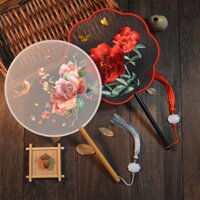 Su Quạt Lụa Thêu Hoa Mẫu Đơn Hai Mặt Viền Lụa Phong Cách hanfu Cổ Điển