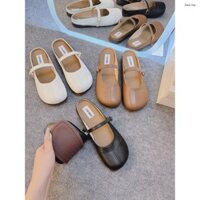 Sục Bệt Nữ Mũi Tròn Giày Búp Bê Quai Chéo Hở Mũi Đế Dẻo Da Mềm (Sẵn Hàng)