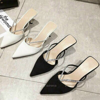 Sục bít mũi quai đính đá, dép cao gót nữ mũi nhọn gót 6cm xinh xắn nhà Phương Thảo Store mã E58