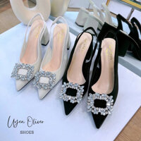 Sục Hậu Bít Mũi Chất Tuyết Nhung ĐÍNH ĐÁ VUÔNG Gót Vuông 7cm, Sandal Nữ Cao Gót 7 Phân Mã U77