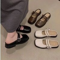Sục mũi vuông. giày bịt mũi hai quai cài da bóng dày dặn mềm êm kèm ảnh thực