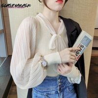 Sugemiusi Áo chiffon Phối Ren Thắt Nơ Siêu Nữ Tính Hợp Thời Trang
