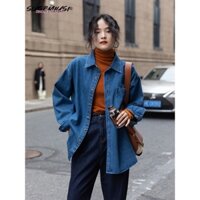 Sugemiusi Áo Khoác Denim Màu Xanh Dương Cổ Điển Thiết Kế Giả Nhiều Lớp Thời Trang Thu Đông Cho Nữ