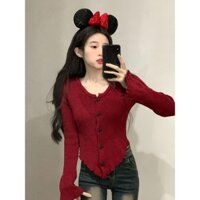 Sugemiusi Áo Len Đỏ Nữ Thu Đông 2024 Phong Cách Mới Ngọt Ngào Cô Gái Nóng bỏng Tay Áo