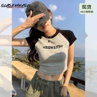 Sugemiusi Áo Thun Raglan Tay Ngắn Hở Vai Phối Màu Xám Đen Phong Cách Hàn Quốc Cho Nữ