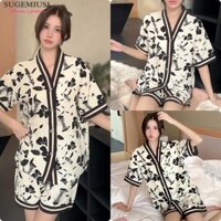 Sugemiusi [Bộ đồ ngủ Cotton bong bóng] Bông nhẹ sang trọng mỏng cỡ lớn Bộ đồ ngủ mùa hè dành cho nữ Quần Short ngắn tay mỏng có thể mặc bên ngoài phòng chờ rộng rãi