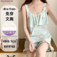 Sugemiusi Bộ Đồ Ngủ Nữ Không Tay Mỏng Phong Cách Mây Cotton Ngọt Ngào Dễ Thương Phong Cách Công Chúa Bong Bóng Cotton Loungewear Có Thể Mặc Bên Ngoài