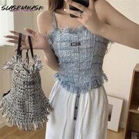 Sugemiusi Classy Chanel Áo Hai Dây Ngắn Màu Trơn Quyến Rũ Phong Cách Bán Chạy Mùa Hè Cho Nữ