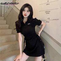Sugemiusi Đầm Chữ a Tay Ngắn Cổ polo Ôm Eo Rút Dây Màu Hồng Ngọt Ngào