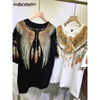 Sugemiusi Kích Thước Cực Lớn Công Nghiệp Nặng Khoan Nóng Cánh Đại Bàng Áo Thun Nữ Mùa Hè Dạo Phố Độc Đáo @