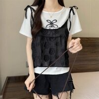 Sugemiusi Mùa Hè Thiết Kế Phong Cách Mới Nơ Slim-fit Áo Thun Nữ + Phong Cách Chanel Hoa Sling Lớp Hai Mảnh Phù Hợp Với