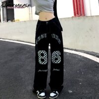 Sugemiusi Quần Yếm Jean Ống Rộng In Chữ Phong Cách Retro Mỹ Cho Nam Nữ
