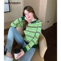 Sugemiusi sản phẩm mới ưu đãi đặc biệt mùa thu phong cách mới cổ tròn dài tay áo len rời sọc ngắn đáy trên quả bơ màu xanh lá cây áo len nữ bên ngoài