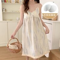 Sugemiusi với đệm ngực nhật bản váy pyjama ngọt ngào nữ mùa hè bong bóng nhăn vải mới dễ thương hoạt hình đồ mặc nhà