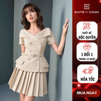 SuitsByChan-Set váy nữ áo vest thiết kế peplum cổ V phối nút+chân váy xếp li công sở,dự tiệc-Venessa
