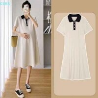 Sum Váy bà bầu mùa hè Váy ve áo bà bầu Váy chữ A dáng rộng nguyên chất Váy chữ A giản dị và thoải mái VN